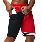 Men's Athletic Shorts 2 in 1 Workout Running Shorts with Reflective Zipper Pockets and Towel Loop-Red-S