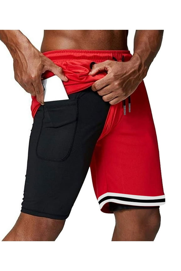 Men's Athletic Shorts 2 in 1 Workout Running Shorts with Reflective Zipper Pockets and Towel Loop-Red-XL