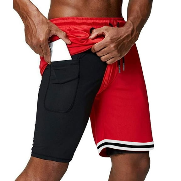 ASUDESIRE Men's Athletic Shorts 2 in 1 Workout Running Shorts with Reflective Zipper Pockets and Towel Loop-Red-XXL