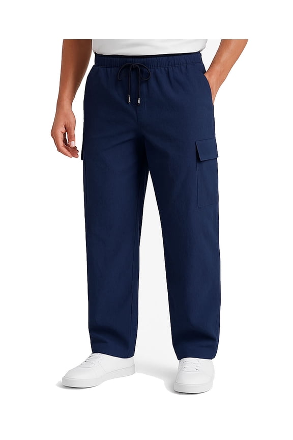 Men's Woven Twill Casual Cargo Pants Straight Leg Elastic Waistband Drawstring with 4 Pockets