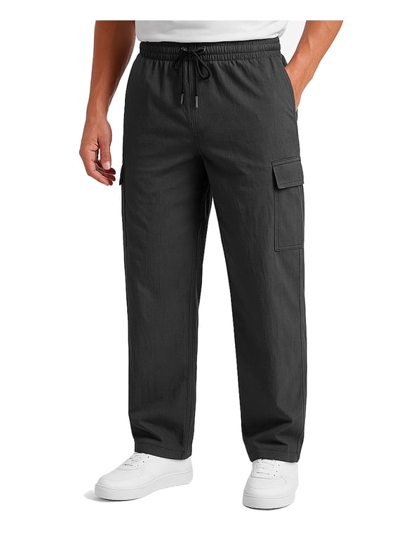Men's Woven Twill Casual Cargo Pants Straight Leg Elastic Waistband Drawstring with 4 Pockets
