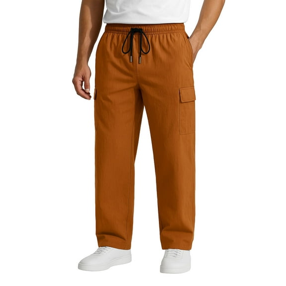 ASUDESIRE Men's Woven Twill Casual Cargo Pants Straight Leg Elastic Waistband Drawstring with 4 Pockets