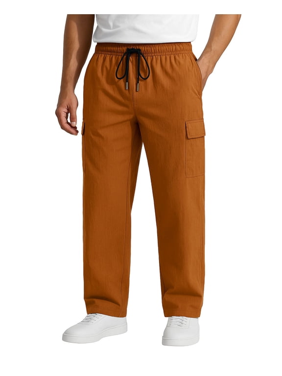 Men's Woven Twill Casual Cargo Pants Straight Leg Elastic Waistband Drawstring with 4 Pockets