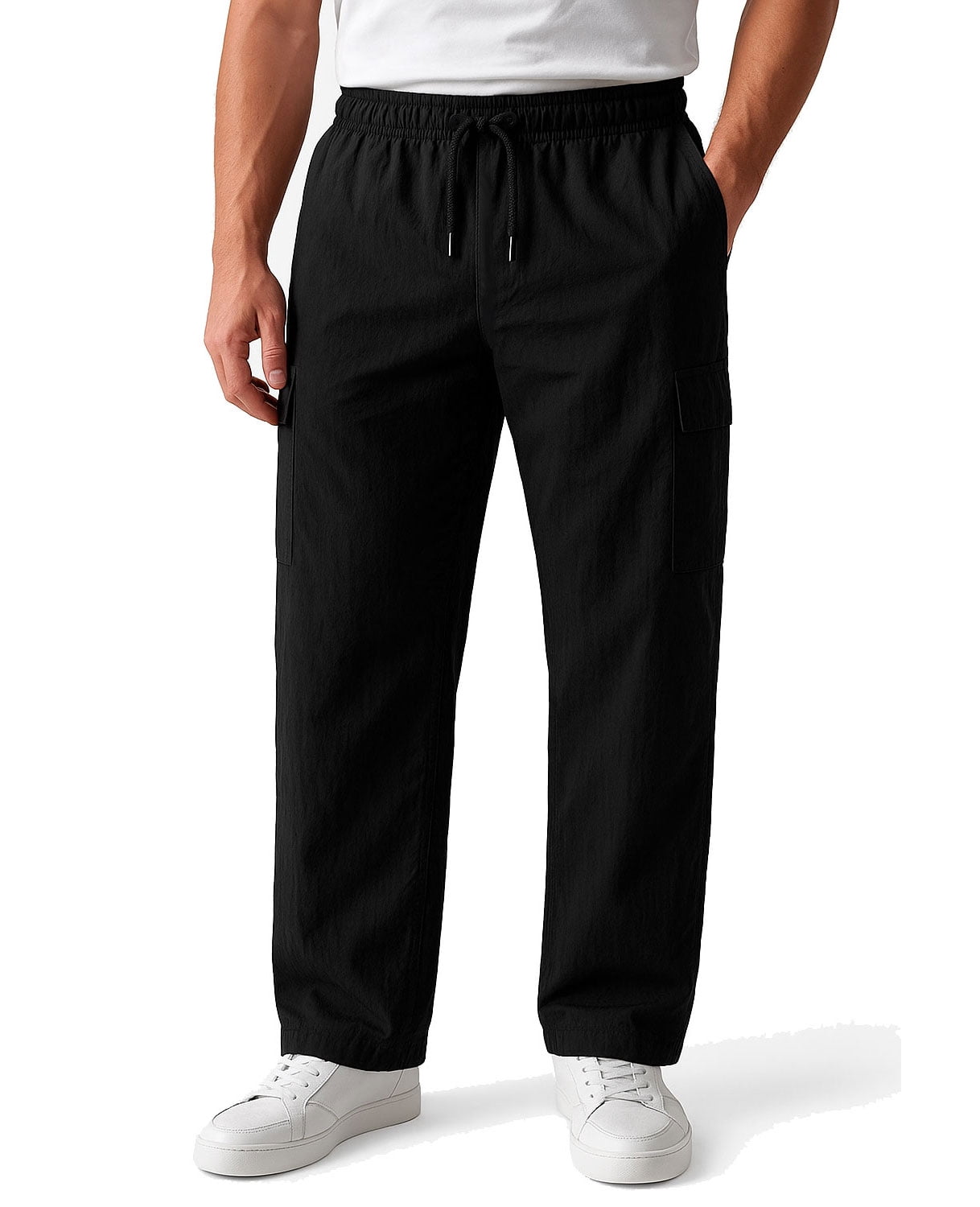 Men's Woven Twill Casual Cargo Pants Straight Leg Elastic Waistband Drawstring with 4 Pockets