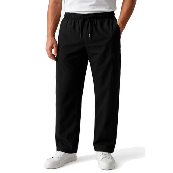 ASUDESIRE Men's Woven Twill Casual Cargo Pants Straight Leg Elastic Waistband Drawstring with 4 Pockets