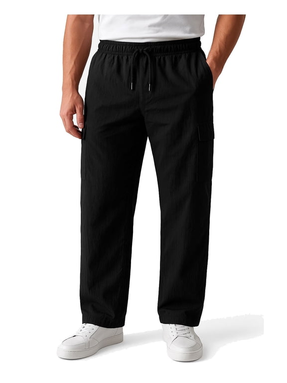 Men's Woven Twill Casual Cargo Pants Straight Leg Elastic Waistband Drawstring with 4 Pockets