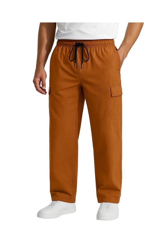 Men's Woven Twill Casual Cargo Pants Straight Leg Elastic Waistband Drawstring with 4 Pockets