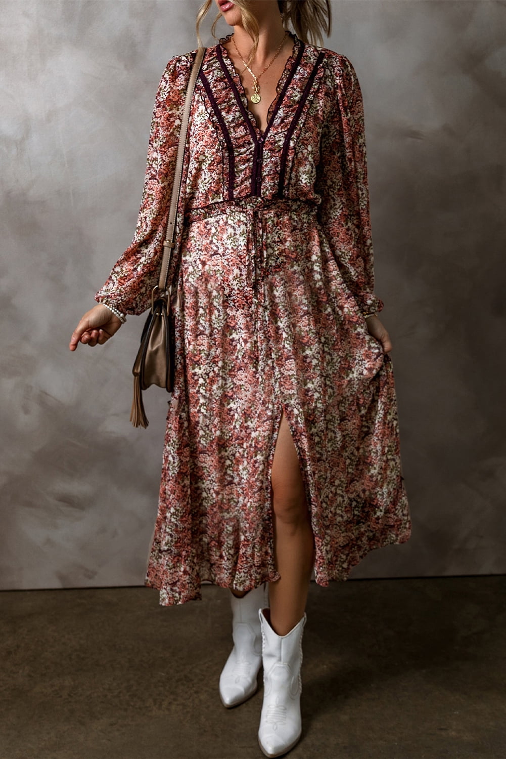 Boho Abstract Contrast Trim V-Neck Flared Dress