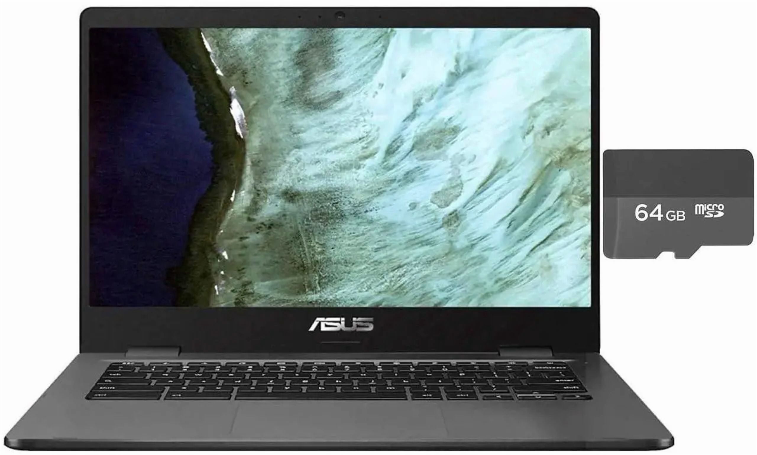ASUS 14.0" HD (1366 x 768) Anti-glare Display Chromebook | Intel Celeron N3350 | Integrated Graphics | Webcam| Grey | 4GB RAM | 32GB SSD | Chrome OS | Bundle with 64GB SD card