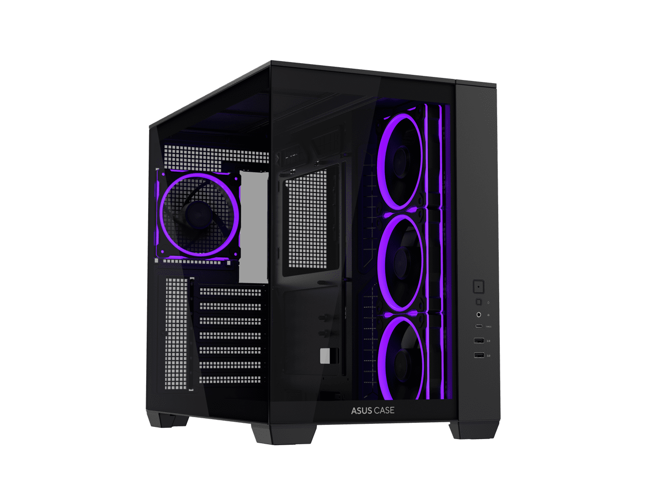 ASUS A32 PLUS Black ATX gaming PC case, support 360mm radiators and 420mm graphics cards, dual-chamber chassis for independent cooling zones, four pre-installed ARGB fans and clean cable management
