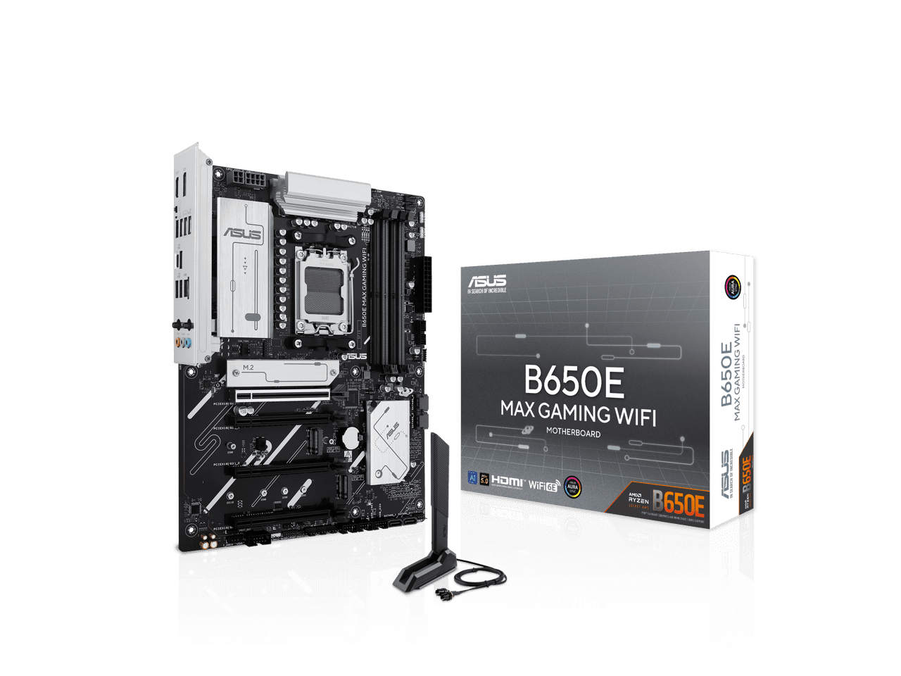 ASUS B650E MAX GAMING WIFI AMD B650 ATX motherboard, DDR5, PCIe 5.0 Ready, 3x M.2 slots, Wi-Fi 6E, Realtek 2.5Gb Ethernet, DisplayPort, HDMI, USB 10Gbps Type-A & Type-C, BIOS FlashBack, Aura Sync