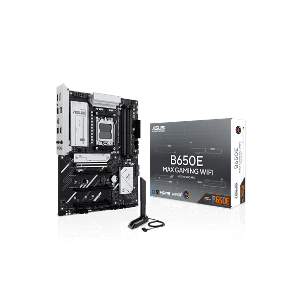 ASUS B650E MAX GAMING WIFI AMD B650 ATX motherboard, DDR5, PCIe 5.0 Ready, 3x M.2 slots, Wi-Fi 6E, Realtek 2.5Gb Ethernet, DisplayPort, HDMI, USB 10Gbps Type-A & Type-C, BIOS FlashBack, Aura Sync