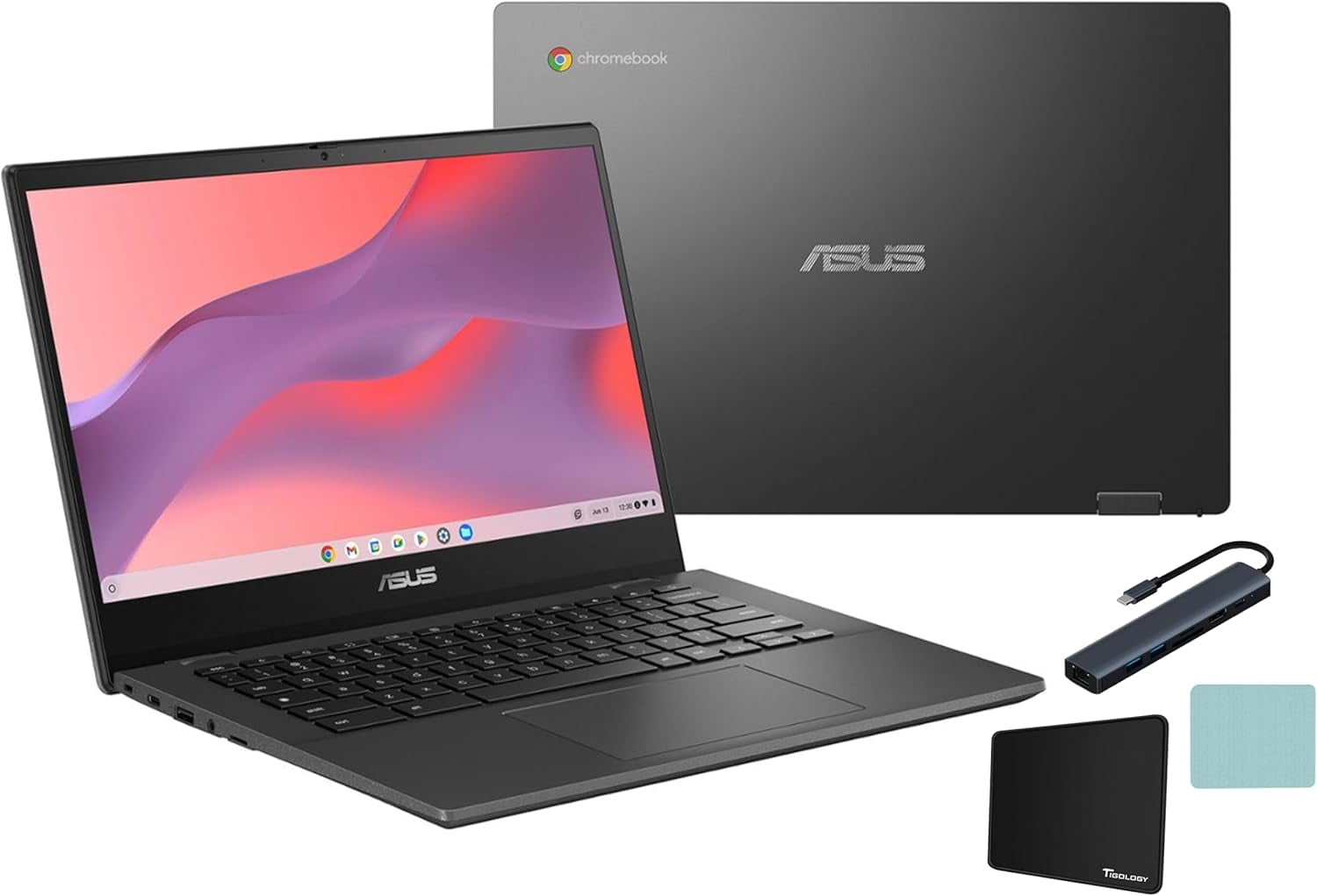 ASUS CM14 Chromebook 14 inch FHD Display Laptop, MediaTek Kompanio 520 Processor, 4GB Memory, 64GB eMMC, Media Card Reader, Gravity Gray, Chrome OS with Tigology Accessories