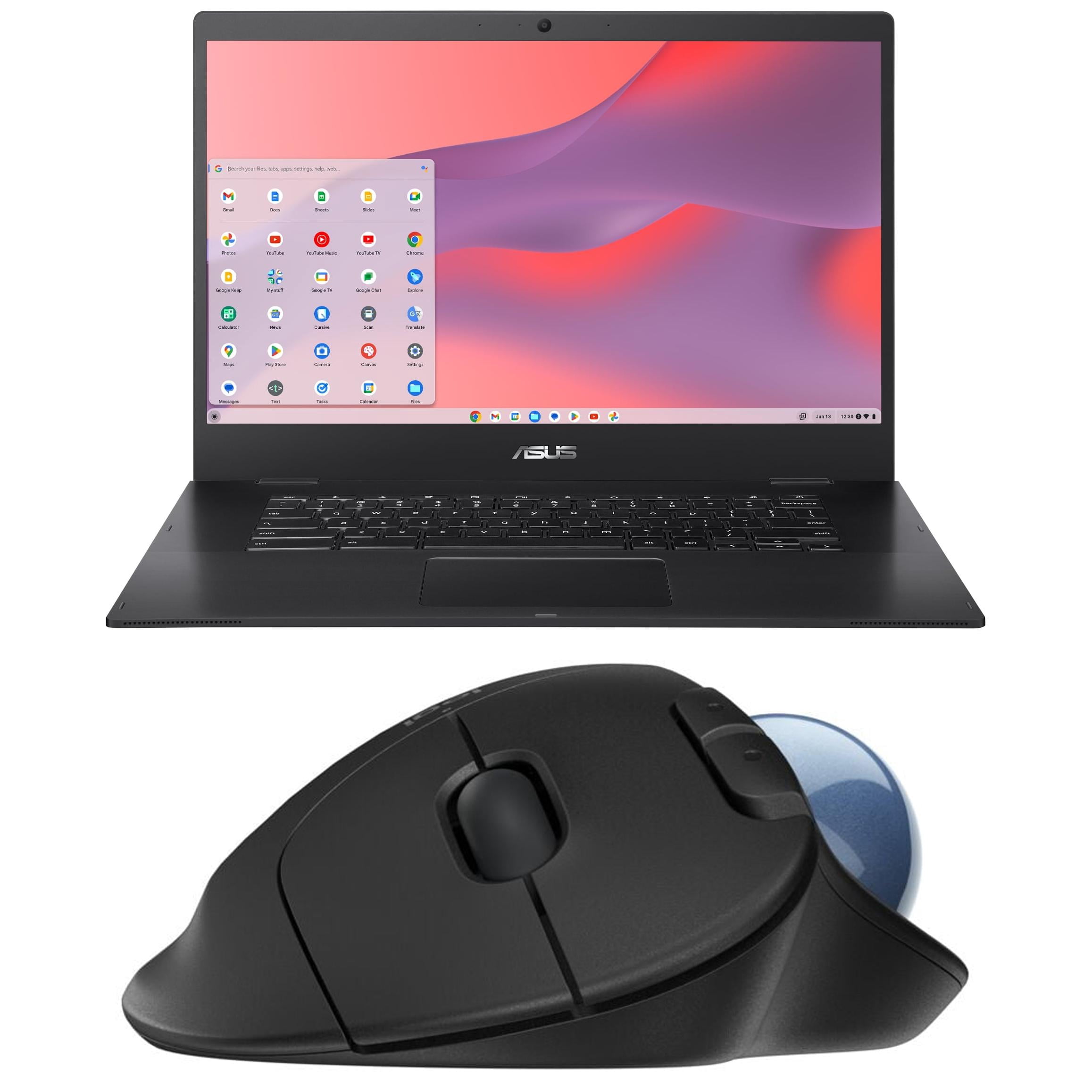 ASUS CX1500 Chromebook, 15.6" Full HD, Intel Celeron N3350, 4GB RAM, 64GB eMMC, Mineral Gray, Chrome OS, CX1500CNA-WS44F and Logitech Ergonomic Wireless Trackball Mouse - Bluetooth and USB - Black