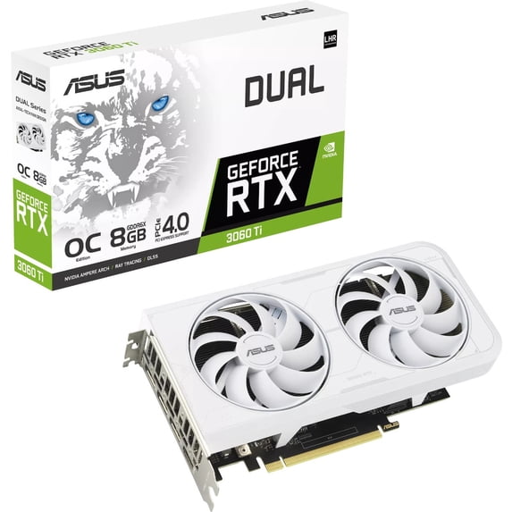 ASUS Dual NVIDIA GeForce RTX 3060 Ti White OC Edition Graphics Card (PCIe 4.0, 8GB GDDR6X memory, HDMI 2.1, DisplayPort 1.4a, 2-slot design, Axial-tech fan design) DUAL-RTX3060TI-O8GD6X-WHITE