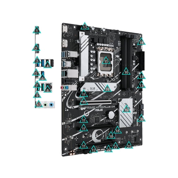 ASUS Prime H770-PLUS D4 Intel H770( 13th and 12th Gen) LGA 1700 ATX motherboard with PCIe 5.0, 3xPCIe 4.0 M.2 slots, DDR4, 2.5Gb LAN, DisplayPort, HDMI, USB 3.2 Gen 2 Type-C, Thunderbolt™ (USB4) suppo