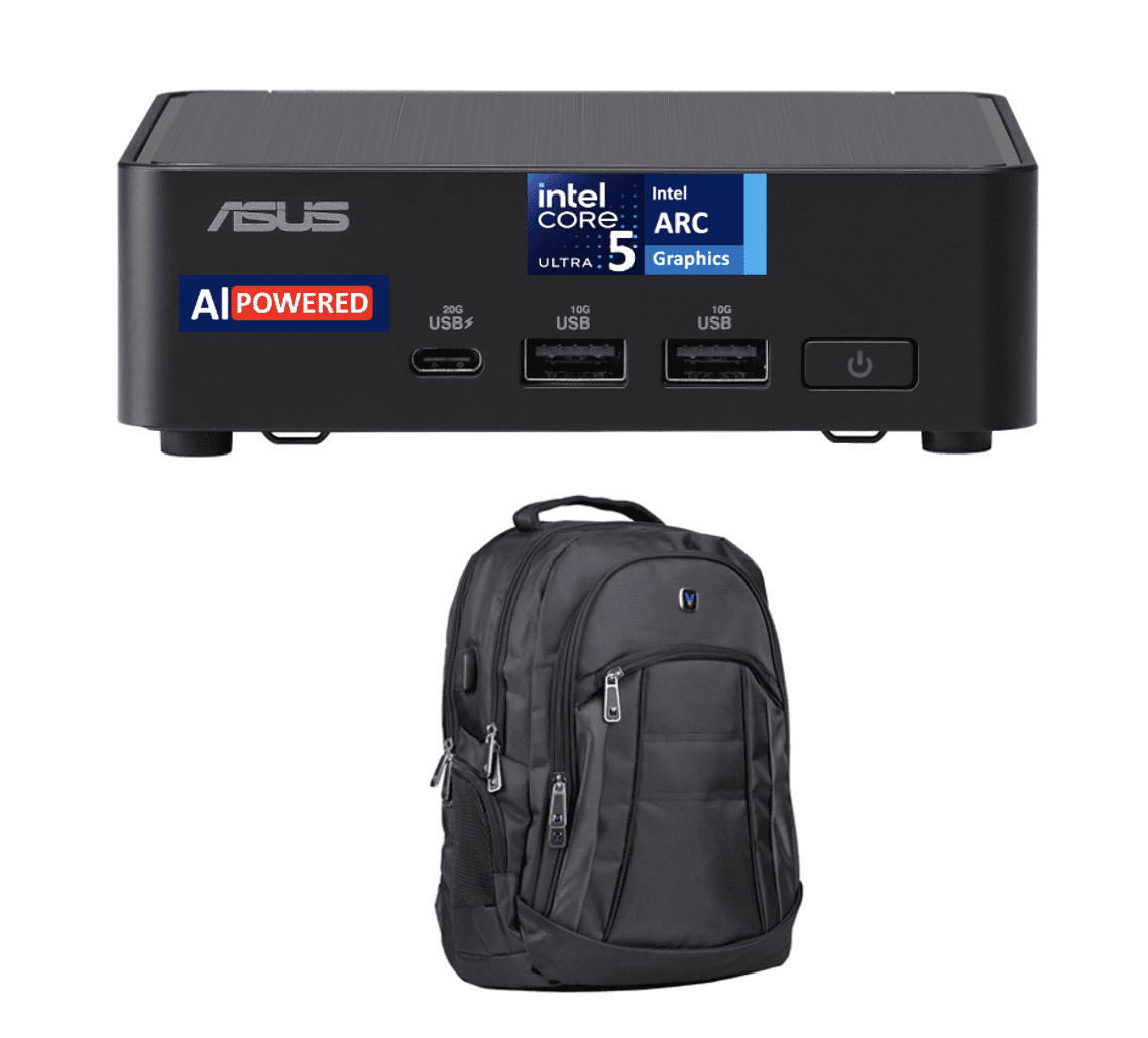 ASUS NUC 14 Pro Slim AI Powered Mini Desktop (Intel Ultra 5-125H , Intel Arc Shared, 16GB DDR5, 256GB PCIe SSD, 2 Thunderbolt 4, WiFi 6E, Bluetooth 5.3, 120W PSU, RJ-45, Win 11 Pro) w/Premium Backpack