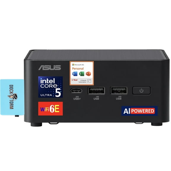 ASUS NUC AI Powered Mini Desktop (Intel Ultra 5-135H, No OS, 8GB DDR5, 256GB PCIe SSD, 2 Thunderbolt 4, WiFi 6E, Bluetooth 5.3, 120W PSU, Win 11 Home) w/Microsoft 365 Personal , DKZ USB Port Expander