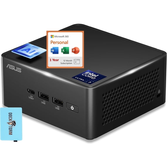 ASUS NUC AI Powered Mini Desktop (Intel Ultra 7- 165H, No OS, 8GB DDR5, 128GB PCIe SSD, 2 Thunderbolt 4, WiFi 6E, Bluetooth 5.3, 120W PSU, Win 11 Home) w/Microsoft 365 Personal , DKZ USB Port Expander