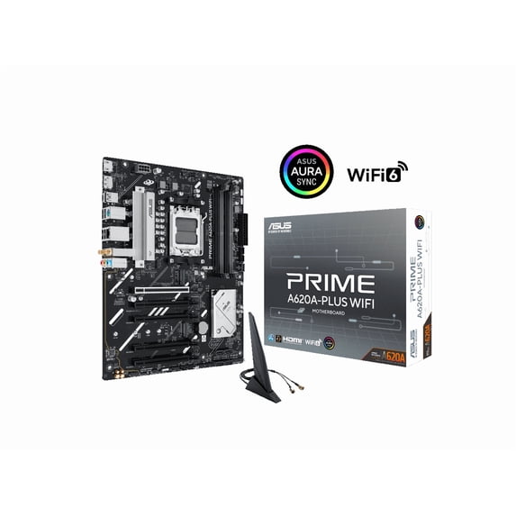 ASUS PRIME A620A-PLUS WIFI AMD ATX motherboard, 8+2+1 power stages, DDR5, PCIe 4.0 ready, PCIe 4.0 x16 slot, 2x M.2, DisplayPort, HDMI, WiFi 6, 1Gb Ethernet, Rear & Front USB 5Gbps Type-C, SATA 6 Gbp