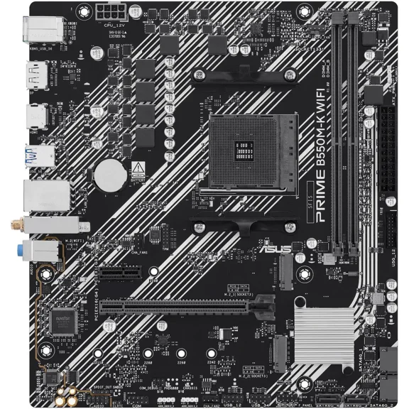 ASUS PRIME B550M-K WIFI AM4 mATX motherboard, DDR4, PCIe 4.0, 2xM.2, WiFi 6, 1Gb Ethernet, DisplayPort, HDMI, rear and front USB 5Gbps Type-A, SATA 6 Gbps, Aura Sync