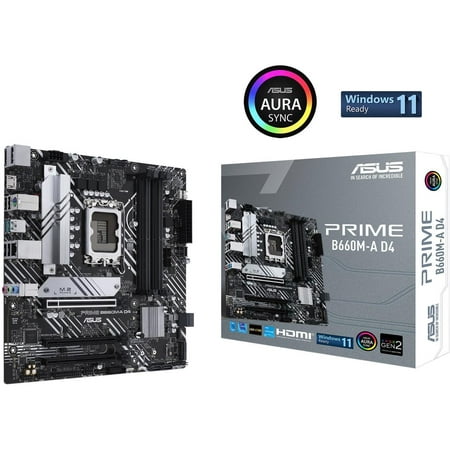 ASUS PRIME B660M-A D4 LGA 1700 (Intel 12th & 13th Gen) mATX Motherboard (PCIe 4.0, DDR4, 2xM.2 slots, 1Gb LAN, DP, 2 x HDMI, rear USB 3.2 Gen 2, front USB 3.2 Gen 1 Type-C, Aura Sync)