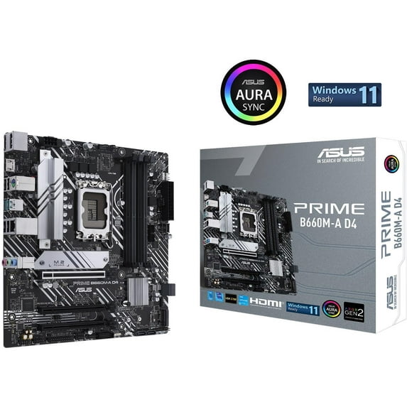 ASUS PRIME B660M-A D4 LGA 1700 (Intel 12th & 13th Gen) mATX Motherboard (PCIe 4.0, DDR4, 2xM.2 slots, 1Gb LAN, DP, 2 x HDMI, rear USB 3.2 Gen 2, front USB 3.2 Gen 1 Type-C, Aura Sync)
