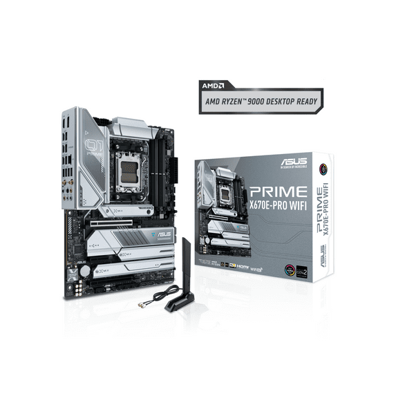 ASUS PRIME X670E-PRO WIFI AMD X670 AM5 Ryzen Desktop 9000 8000 & 7000 ATX motherboard with PCIe 5.0, four M.2 slots, DDR5 slots, USB 3.2 Gen 2x2 Type-C, USB4 support, WIFI 6E, and 2.5G Ethernet