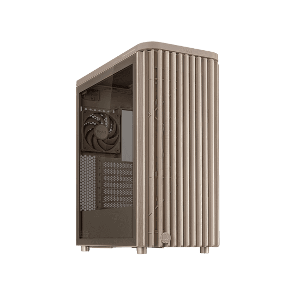ASUS ProArt PA401 Wood Edition Beige ATX case features a tempered glass panel, supports GPUs up to 315mm, 240mm radiator, 160x32mm fans, button lock, and detachable PSU bracket