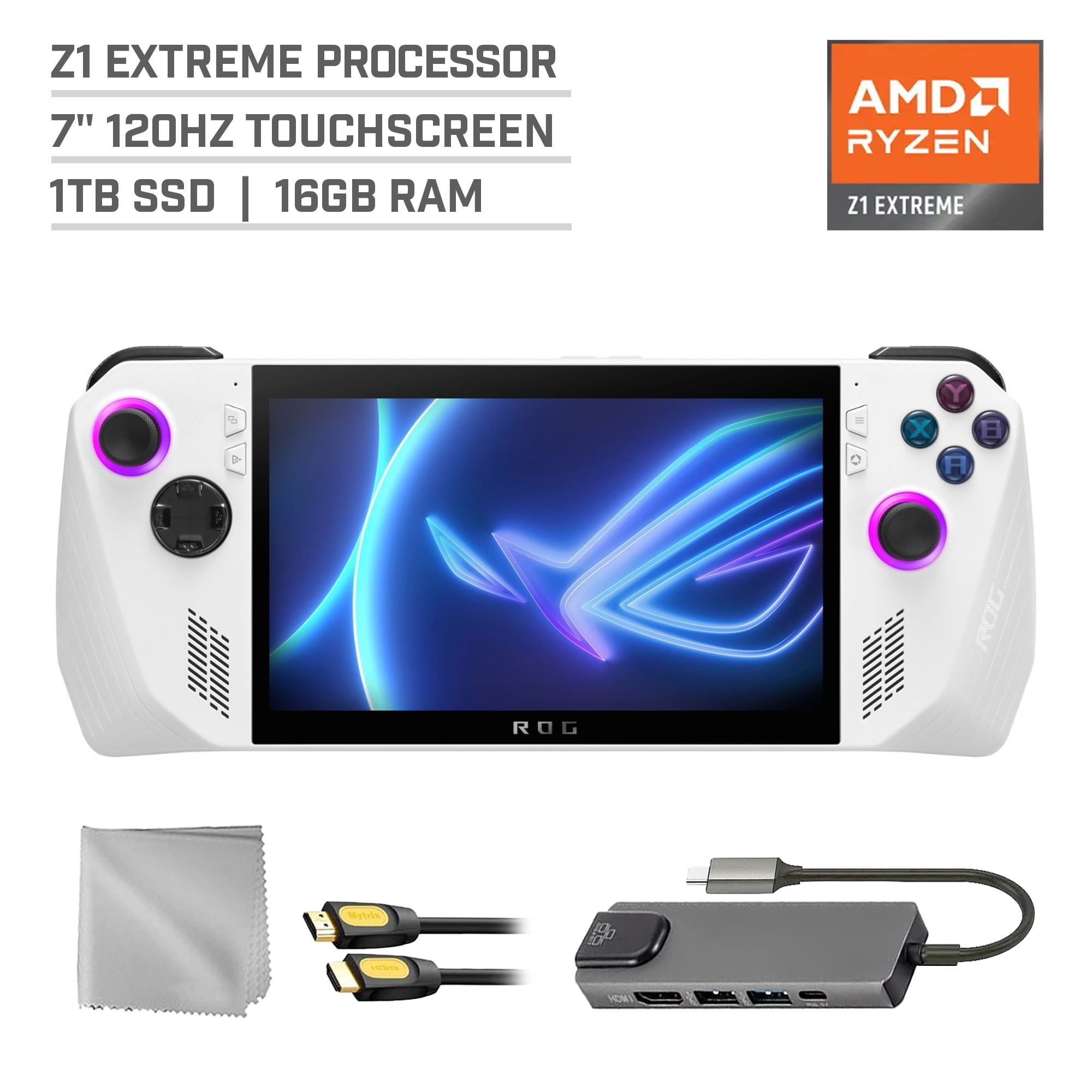 ASUS ROG Ally 7 Gaming Handheld, AMD Ryzen Z1 Extreme Processor, 120Hz FHD  IPS 1080p, 1TB, Windows 11 Home, White, with MTC 3pc Accessories Bundle