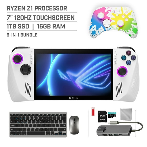 ASUS ROG Ally 1TB SSD Gaming Handheld 7-inch Touchscreen 120Hz FHD 1080p AMD Ryzen Z1 Processor, Mytrix Inkjet Wireless Pro Controller, Hub, 128GB MicroSD, Keyboard & Mouse, 8 in 1 Bundle