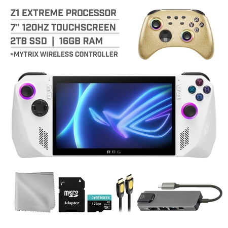 ASUS ROG Ally 2TB SSD Gaming Handheld 7-inch Touchscreen 120Hz FHD 1080p AMD Ryzen Z1 Extreme Processor, Mytrix Gold Wireless Pro Controller, Hub, 128GB MicroSD Card, 5 Accessories: 6 in 1 Bundle