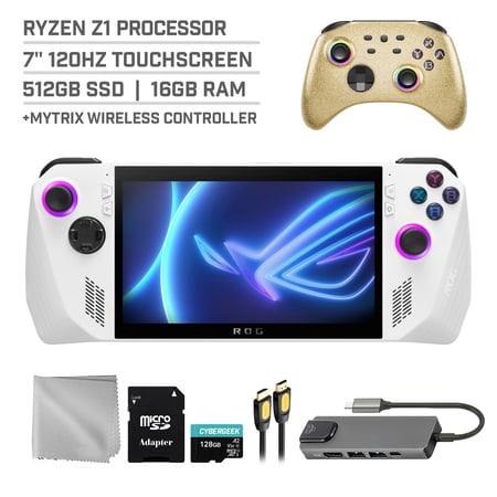 ASUS ROG Ally 512GB Gaming Handheld 7-inch Touchscreen 120Hz FHD 1080p AMD Ryzen Z1 Processor, Mytrix Gold Wireless Pro Controller, Hub, 128GB MicroSD Card, 5 Accessories: 6 in 1 Bundle
