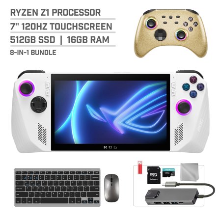 ASUS ROG Ally 512GB Gaming Handheld 7-inch Touchscreen 120Hz FHD 1080p AMD Ryzen Z1 Processor, Mytrix Gold Wireless Pro Controller, Hub, 128GB MicroSD, Keyboard & Mouse, 8 in 1 Bundle