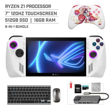 ASUS ROG Ally 512GB Gaming Handheld 7-inch Touchscreen 120Hz FHD 1080p AMD Ryzen Z1 Processor, Mytrix Touro Wireless Pro Controller, Hub, 128GB MicroSD, Keyboard & Mouse, 8 in 1 Bundle