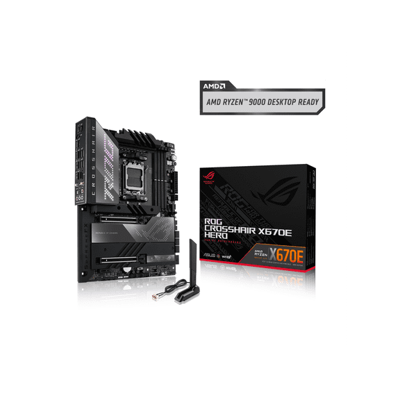 ASUS ROG Crosshair X670E Hero AMD X670 AM5 Ryzen Desktop 9000 8000 & 7000 ATX motherboard, 18 + 2 power stages, PCIe 5.0, DDR5, 5x M.2 slots, USB 3.2 Gen 2x2 with Quick Charge 4+, USB4, Wi-Fi 6E