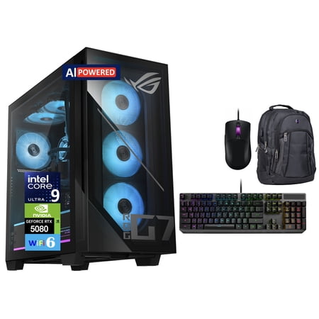 ASUS ROG G700 AI PC Desktop PC (Intel Ultra 9- 285K, NVIDIA GeForce RTX 5080 16GB GDDR7, 128GB DDR5, 2TB PCIe SSD, RGB Fans, 240mm AIO, 850W PSU, WiFi 6, Bluetooth 5.2, Win 11 Pro) w/Premium Backpack