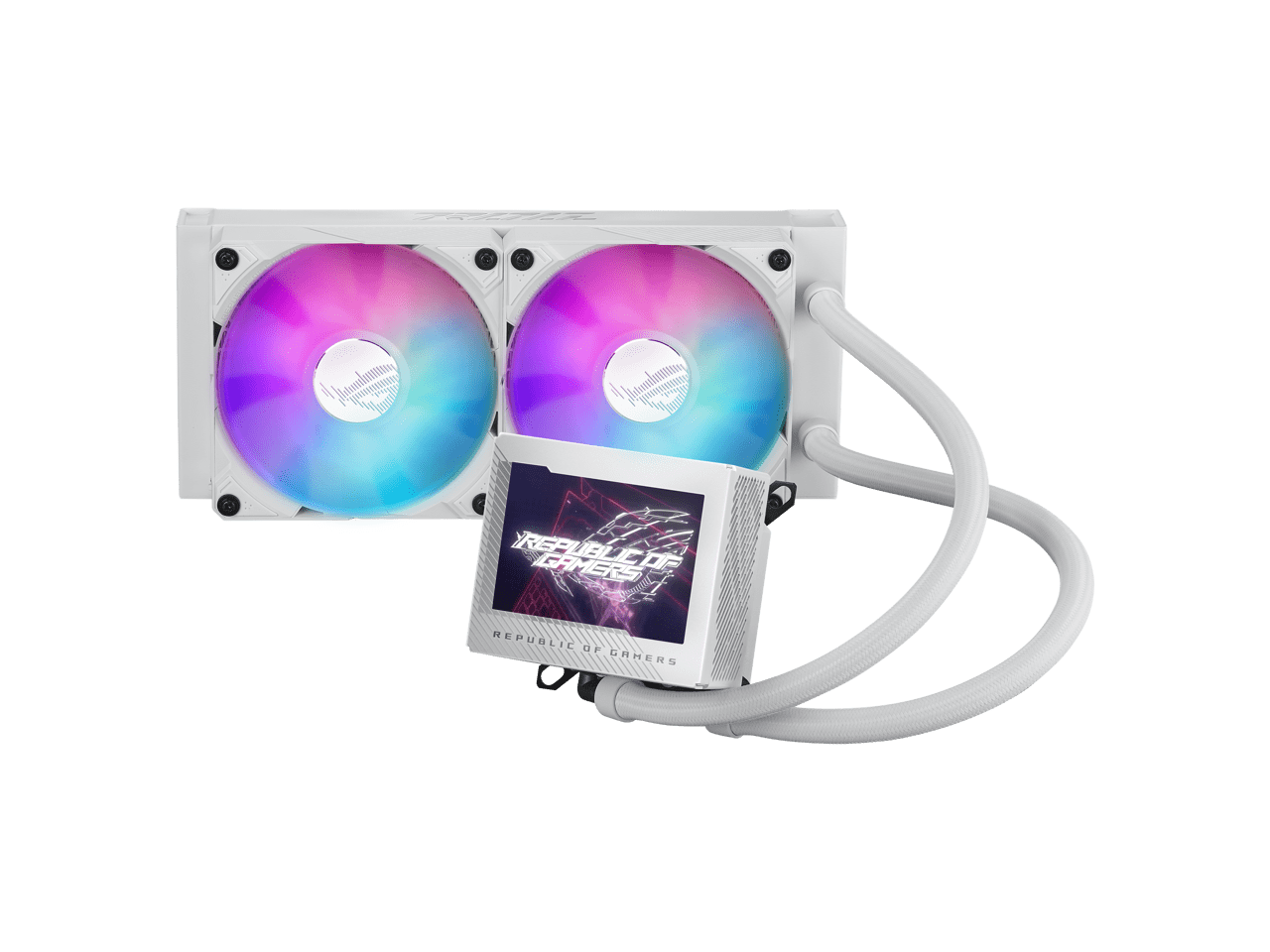 ASUS ROG Ryujin III 240 ARGB WHT all-in-one liquid CPU cooler with 240mm radiator. Asetek 8th gen pump, 2x magnetic 120mm ARGB fans (Daisy Chain design), 3.5” LCD display