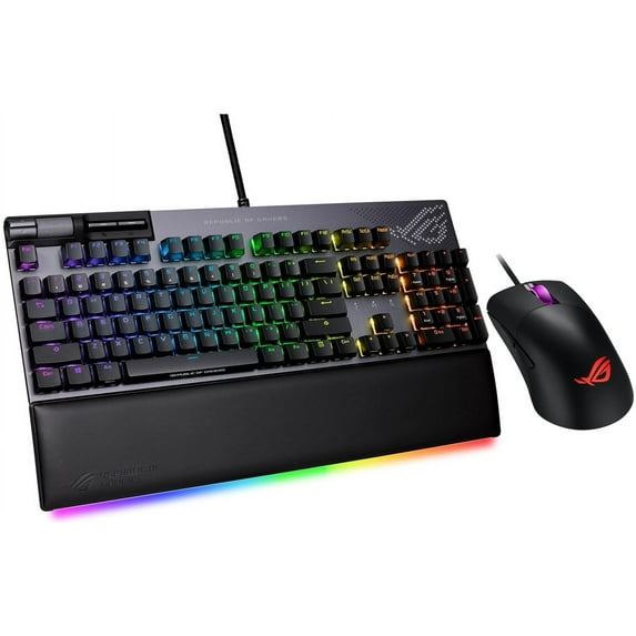 ASUS ROG STRIX XA07 FLARE II Animate 100% RGB Gaming Keyboard Bundle with P509 ROG Keris Mouse, ROG NX Blue Linear Switches, LED Display, PBT Keycaps, Acoustic Dampening Foam, and Wrist Rest