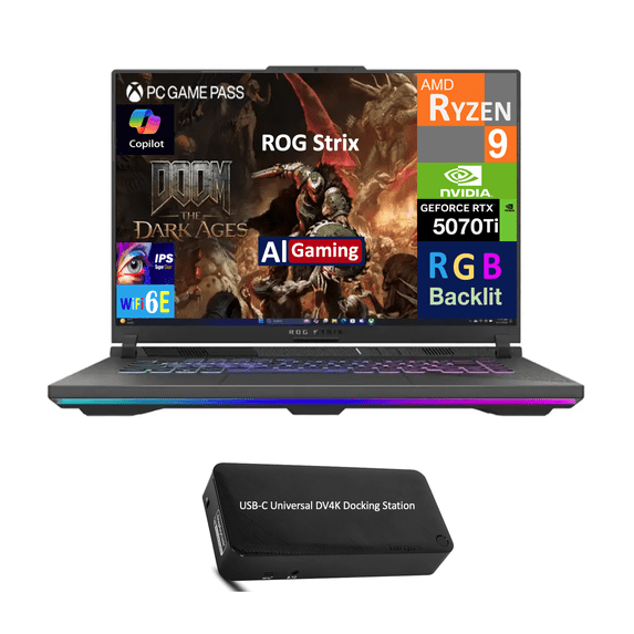ASUS ROG Strix G16 AI Gaming Laptop 16.0in WUXGA (AMD Ryzen 9 8940HX, NVIDIA GeForce RTX 5070 Ti 12GB, 16GB DDR5, 1TB PCIe SSD, Win 11 Pro) w/USB-C Dock
