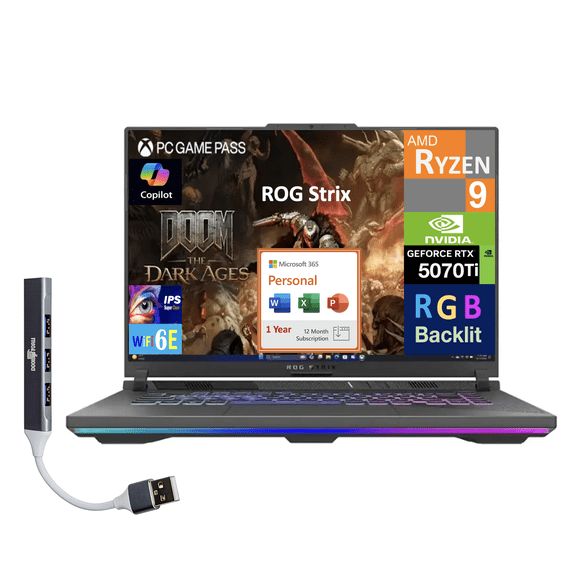 ASUS ROG Strix AI Gaming Laptop 16.0in 165Hz IPS WUXGA Display (AMD Ryzen 9 8940HX, NVIDIA GeForce RTX 5070 Ti 12GB, 16GB DDR5, Win 11 Home) w/Microsoft 365 Personal , DKZ USB Port Expander