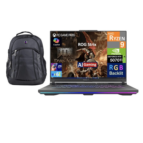 ASUS ROG Strix AI Gaming Laptop 16.0in 165Hz IPS WUXGA Display (AMD Ryzen 9 8940HX, NVIDIA GeForce RTX 5070 Ti 12GB, 64GB DDR5, 8TB PCIe SSD, RGB KB, WiFi 6E, Webcam, Win 11 Pro) w/Premium Backpack