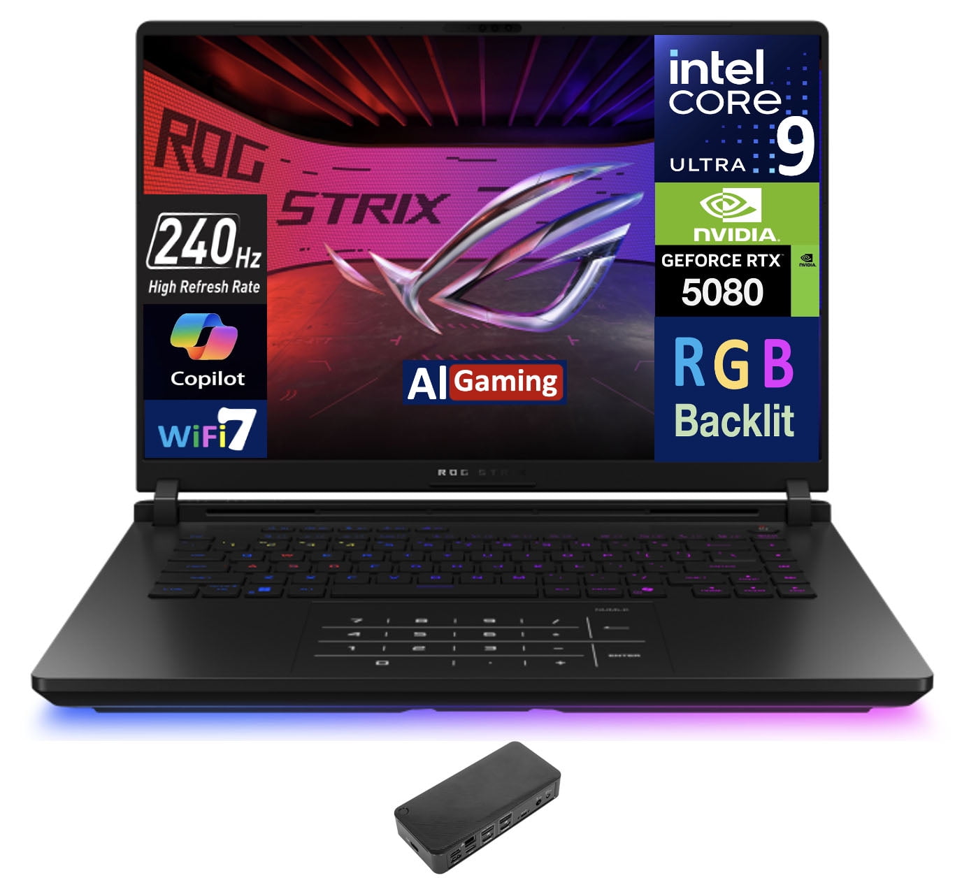 ASUS ROG Strix AI Gaming Laptop 16.0in 240Hz Mini LED WQXGA Display (Intel Ultra 9- 275HX, GeForce RTX 5080 16GB, 32GB DDR5, 4TB PCIe SSD, RGB KB, 2 Thunderbolt 5, WiFi 7, Win 11 Pro) w/USB-C Dock
