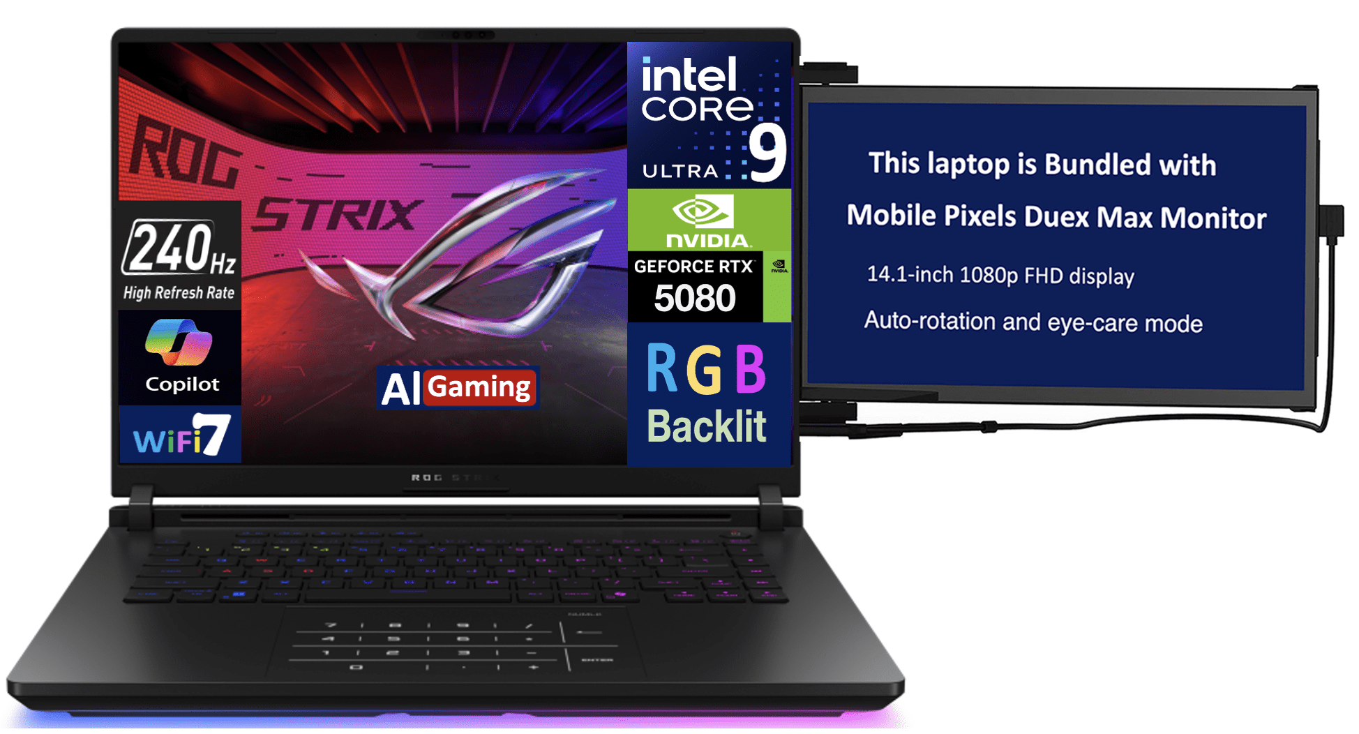ASUS ROG Strix AI Gaming Laptop 16.0in 240Hz Mini LED WQXGA Display (Intel Ultra 9- 275HX, GeForce RTX 5080 16GB, 64GB DDR5, 2TB PCIe SSD, RGB KB, 2 Thunderbolt 5, Win 11 Pro) w/Duex Max DS Monitor