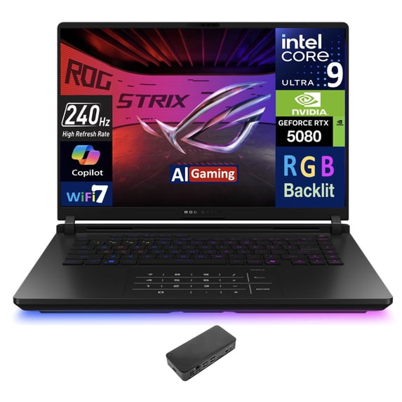 ASUS ROG Strix AI Gaming Laptop 16.0in 240Hz Mini LED WQXGA Display (Intel Ultra 9- 275HX, GeForce RTX 5080 16GB, 64GB DDR5, 8TB PCIe SSD, RGB KB, 2 Thunderbolt 5, WiFi 7, Win 11 Pro) w/USB-C Dock