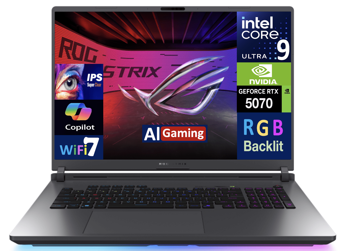ASUS ROG Strix AI Gaming Laptop 18in 240Hz IPS WQXGA Display (Intel Ultra 9- 275HX, NVIDIA GeForce RTX 5070 8GB, 32GB DDR5, 1TB PCIe SSD, RGB KB, Thunderbolt 4, WiFi 7, Webcam, Win 11 Pro)