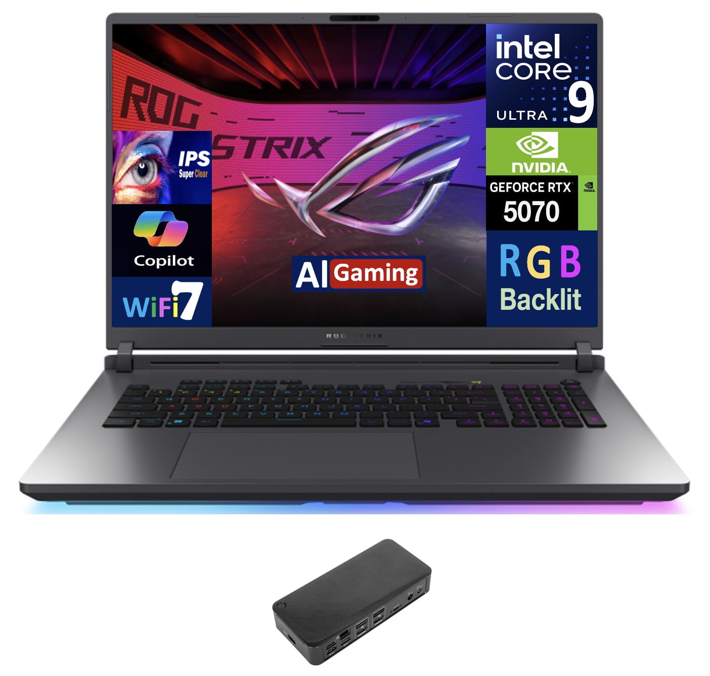 ASUS ROG Strix AI Gaming Laptop 18in 240Hz IPS WQXGA Display (Intel Ultra 9- 275HX, NVIDIA GeForce RTX 5070 8GB, 64GB DDR5, 4TB PCIe SSD, RGB KB, Thunderbolt 4, WiFi 7, Win 11 Home) w/USB-C Dock