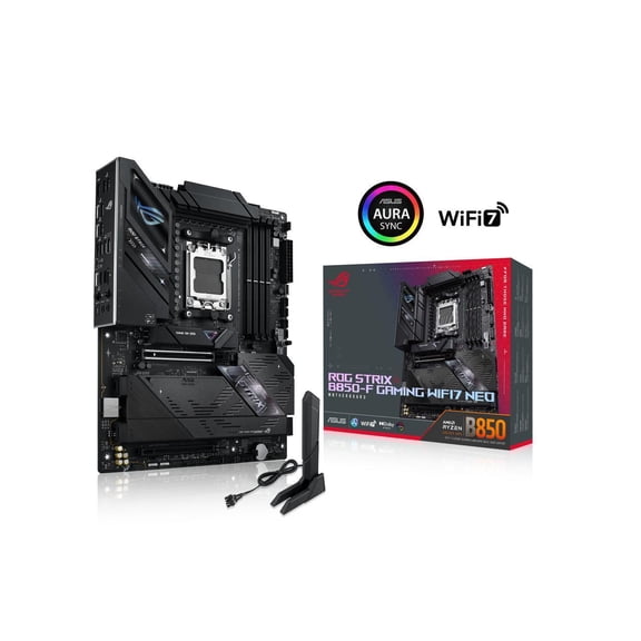 ASUS ROG Strix B850-F GAMING WIFI7 NEO, AMD ATX motherboard, 16+2+2 power stages, DDR5 slots, four M.2 slots, PCIe 5.0, three USB 2.0 headers, USB 20Gbps Type-C WiFi 7, Realtek 5G and Aura Sync RGB