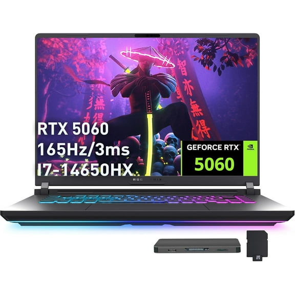 ASUS ROG Strix G16 16" FHD+ 165Hz Gaming Laptop, Intel i7-14650HX (Beats Intel i9-13900), 16GB DDR5, 1TB SSD, GeForce RTX 5060, Backlit Keyboard, Gray, Windows 11, 1TB Docking Station Set