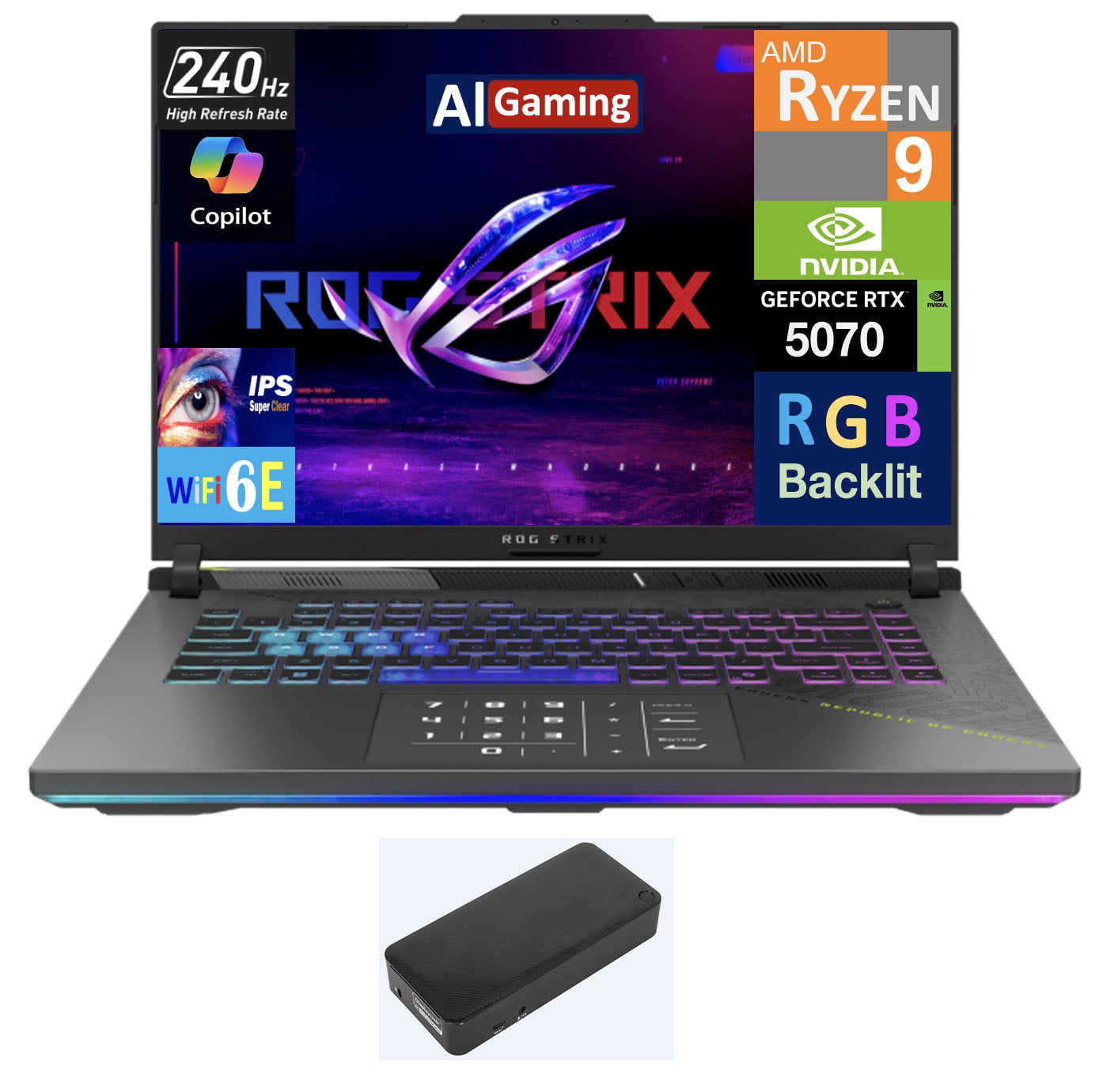 ASUS ROG Strix G16 AI Gaming Laptop 16.0in 240Hz IPS WQXGA Display (AMD Ryzen 9 9955HX, NVIDIA GeForce RTX 5070 8GB, 32GB DDR5, 1TB PCIe SSD, RGB KB, WiFi 6E, Webcam, Win 11 Pro) w/USB-C Dock